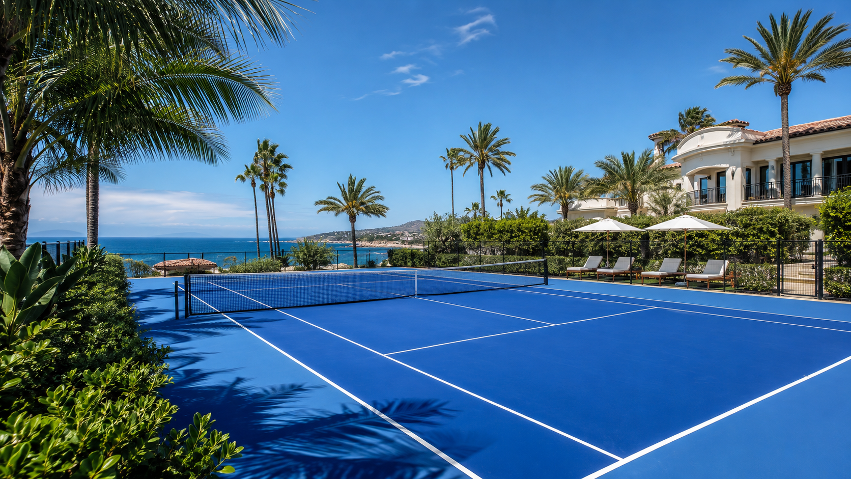 Blue coastal tennis court at a luxury seaside resort
