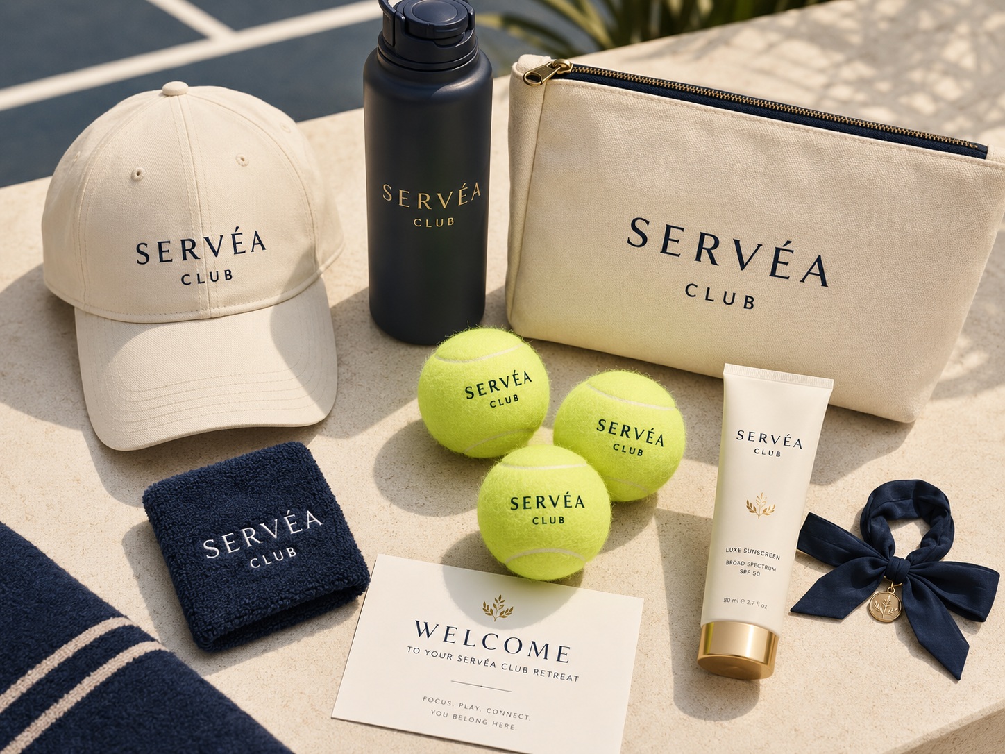 SERVÉA CLUB welcome pack in navy and ivory