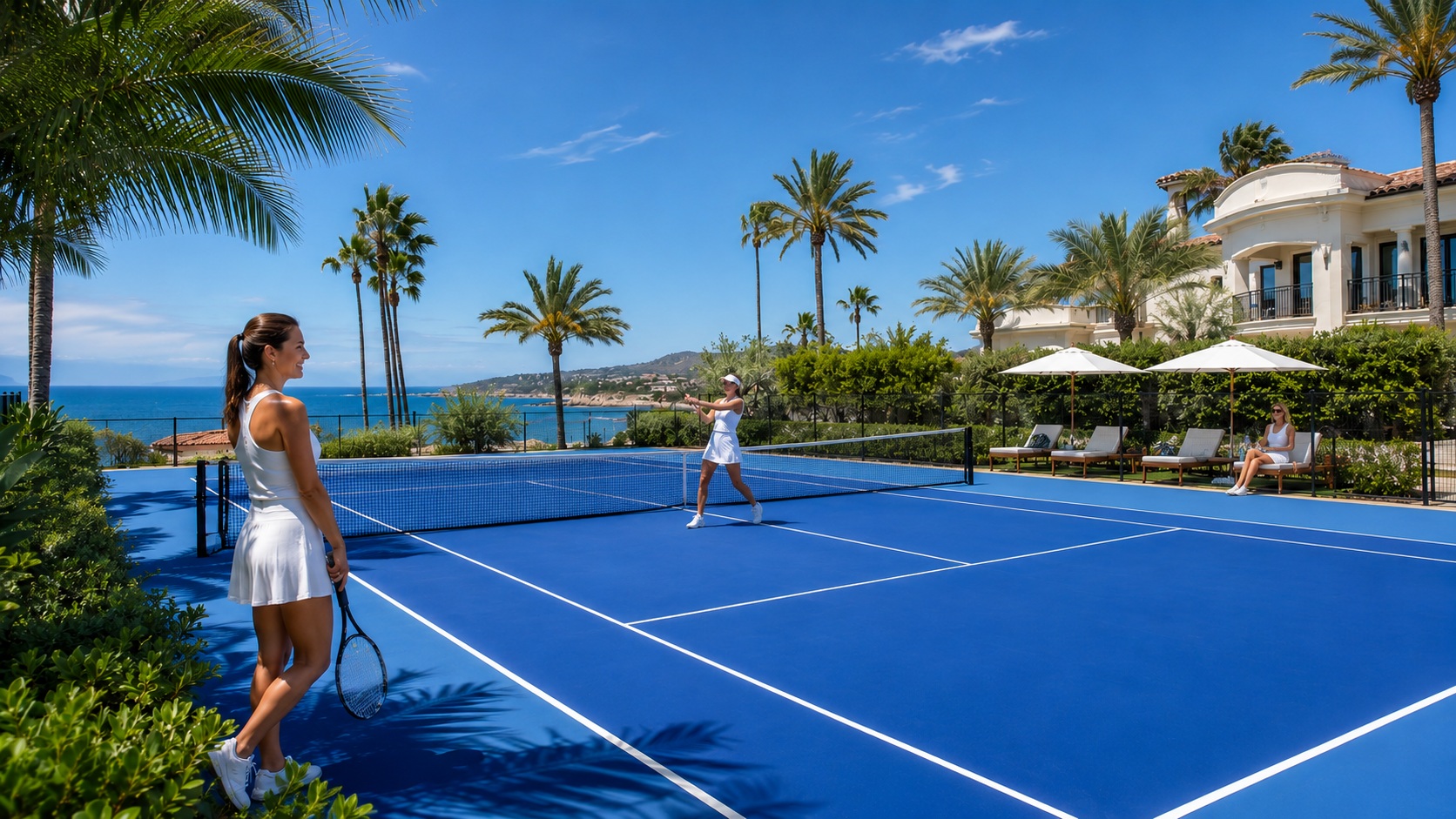 Women playing tennis on a vivid blue coastal court